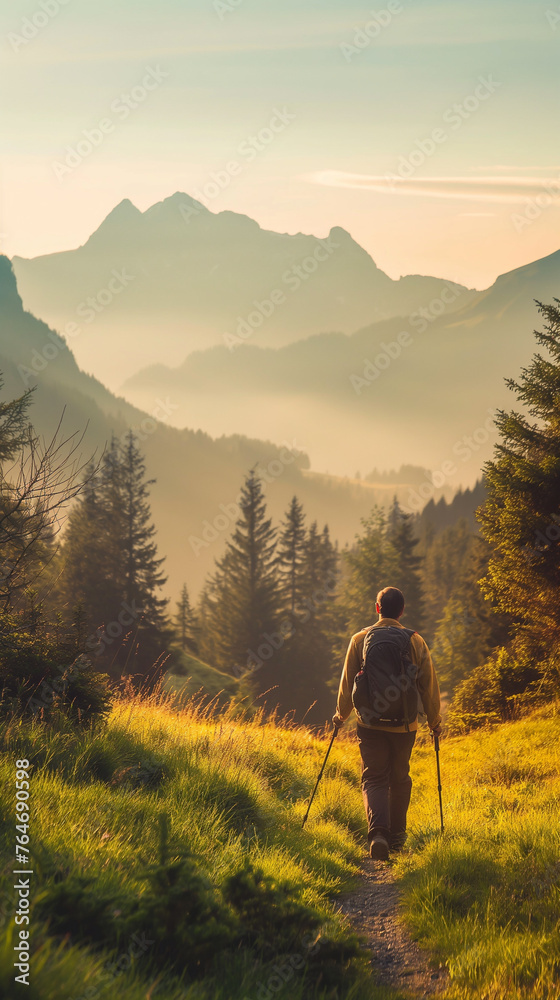 Man in hiking gear on a summer walk in the mountains, panoramic view, early morning light