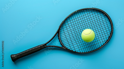 Black tennis racket with ball on blue background, flat lay. Top view of sport equipment for the gameBlack tennis racket with ball on blue background, flat lay. Top view of sport equipment for the game photo