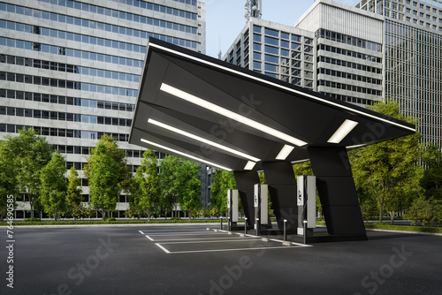 Electric vehicle fast charging station. 3d rendering of abstract architecture with city background.