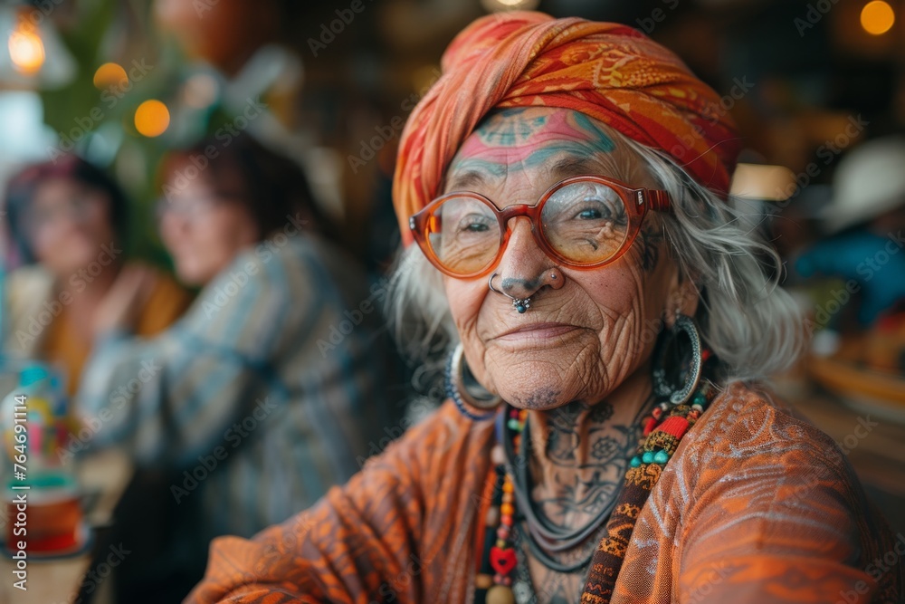 An elderly woman with facial tattoos and a vibrant turban poses for the camera, exuding character and life stories