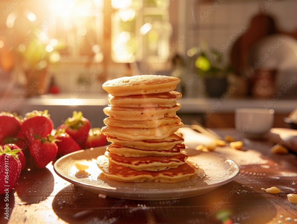 Mini pancakes piled high, homemade morning glory in the kitchen, perfect meal for a kid, sunlit , professional color grading Mini pancakes piled high, homemade morning glory in the kitchen, perfect meal for a kid, sunlit , professional color grading