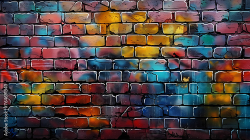 Urban brick wall covered with graffiti  showcasing vibrant street art and textures