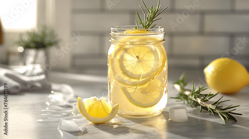 Homemade refreshing summer lemonade drink with lemon slices and ice in mason jar on the light brick background