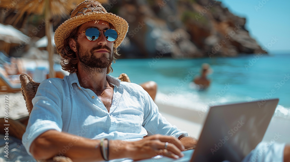 Man Sitting on Beach Using Laptop