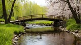 A quaint wooden bridge over a babbling brook, framed by blossoming trees in every hue
