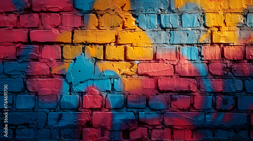 Urban brick wall covered with graffiti, showcasing vibrant street art and textures © jiejie