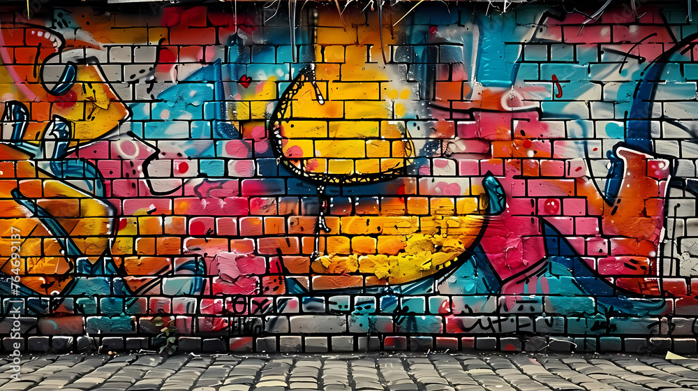 Urban brick wall covered with graffiti, showcasing vibrant street art and textures