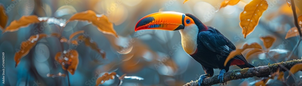 Obraz premium Closeup of a toucan in a forest, perched on a branch, vibrant plumage, soft focus digital photography