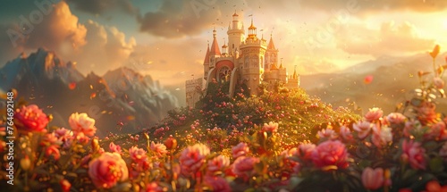 Castle entwined with florals, beautiful fantasy landscape, golden hour lighting close-up