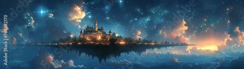 Fantasy city on a floating island, night sky filled with glowing constellations super realistic
