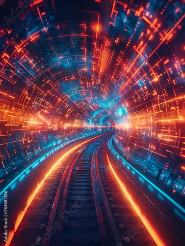 Visualization of highspeed internet connectivity, neon pulses in a dark tunnel super realistic