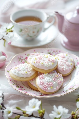Spring tea setting with pastel Easter cookies. A soothing spring tea setup with a teapot, cup, and pastel-colored Easter cookies