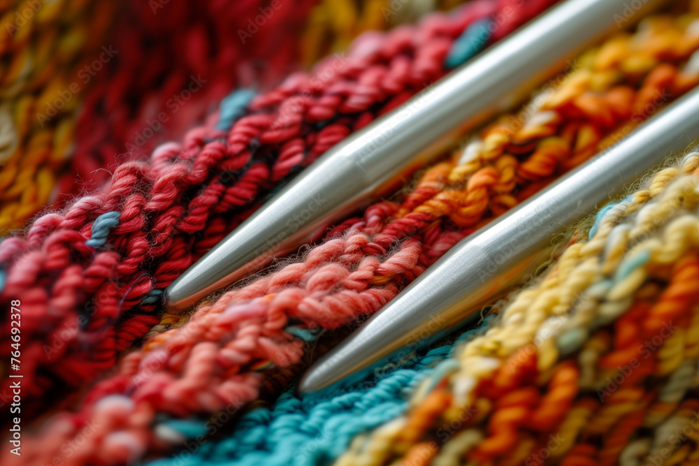 A close-up image capturing the vibrant, multicolored yarn and metallic knitting needles. The intricate stitches showcase the skill, artistry and creativity.
