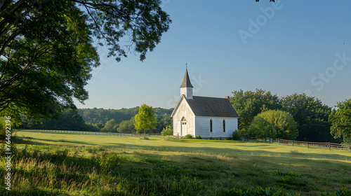 A quaint country church, with a clear blue sky as the background, during a peaceful summer Sunday
