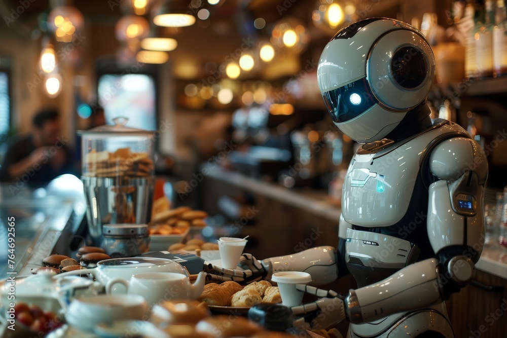 An intelligent robot barista carefully prepares and serves artisanal coffee in a trendy café, symbolizing the future of hospitality