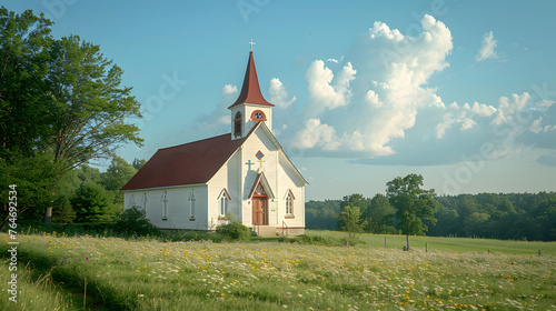 A quaint country church, with a clear blue sky as the background, during a peaceful summer Sunday