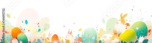 A banner with Easter eggs and Easter bunnies in pastel colors.
