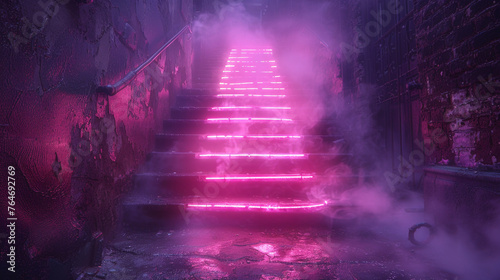 Neon-lit stairs emerging from a misty alley  creating an ethereal atmosphere in the heart of the city. 