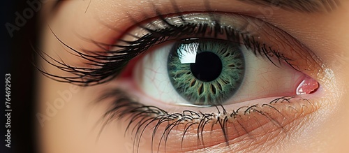A detailed close-up view of a female's eye, showcasing intricate iris patterns with a backdrop of deep blue color photo