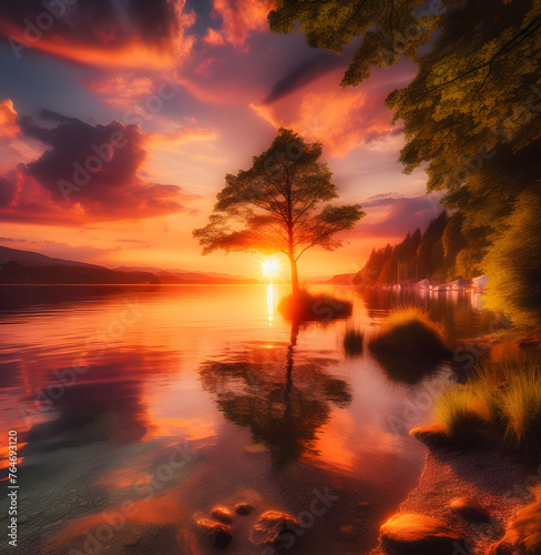 Generative AI, Midsummer solstice sunset lake landscape
