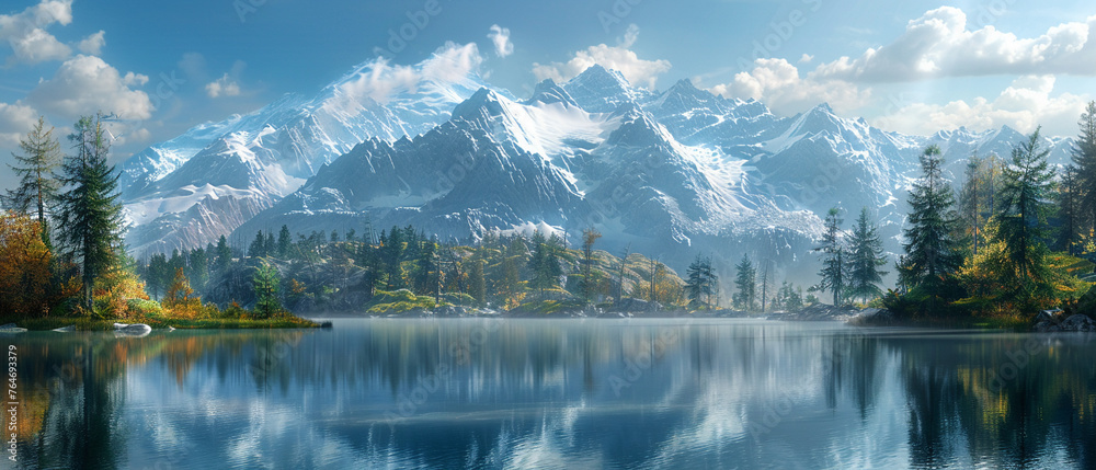 Snow-capped mountains reflected in still lake.