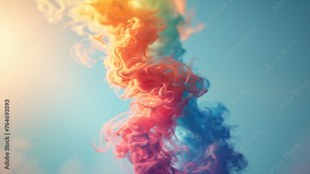 A Group of colorful smokes spiral-wave floating in the air with a soft blue sky background