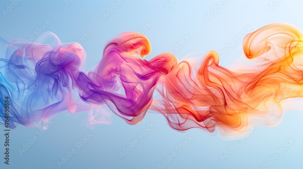 A Group of colorful smokes spiral-wave floating in the air with a soft blue sky background