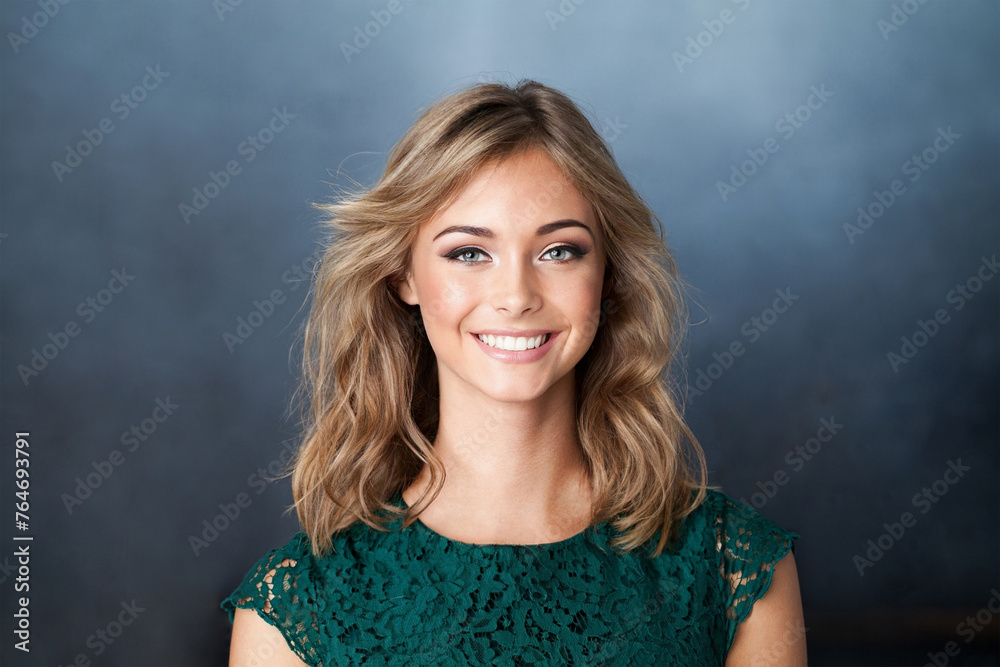Nice young friendly woman smiling on blue background Nice young friendly woman smiling on blue background