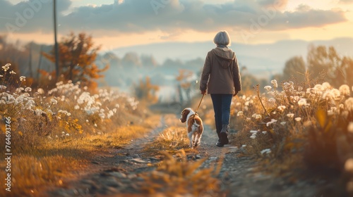 A happy kind-hearted elderly woman walking a playful Beagle on a scenic country road © Attasit