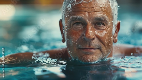 A happy senior man swimming laps in a serene pool