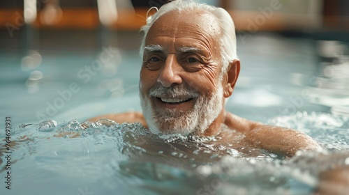 A happy senior man swimming laps in a serene pool photo