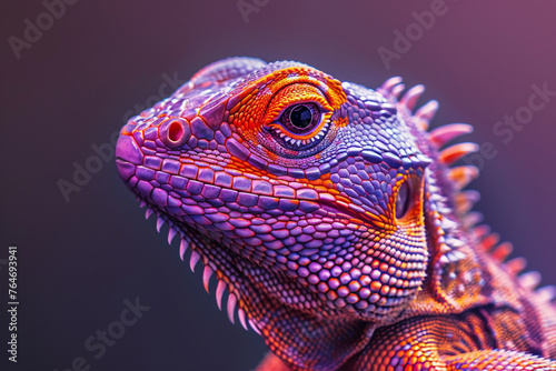 a colorful lizard with a spiky head, showcasing the artistic style of dark table processing. the lizard features a vibrant combination of light violet and dark orange, complemented by hints of dark  © Izhar