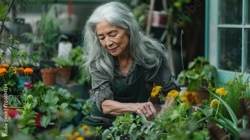 A portrait of woman gardening in her lush green rooftop oasis