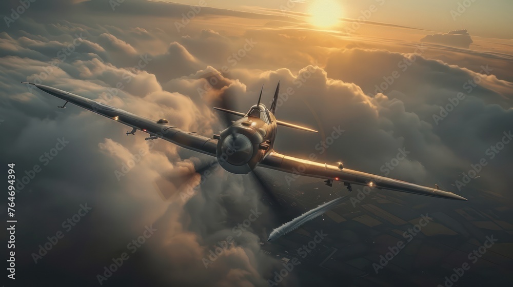 A World War II fighter plane is flying over a WWII city - obrazy, fototapety, plakaty 