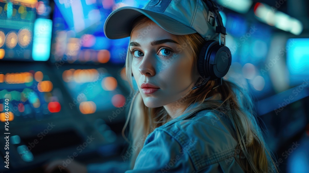 An Engineer woman, wearing a hat and headphones, sits in front of a multimedia display device in a control room with an electric blue ambiance An Engineer woman, wearing a hat and headphones, sits in front of a multimedia display device in a control room with an electric blue ambiance