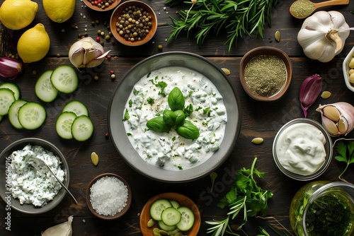 Overhead view of tzatziki ingredients on dark wooden table, ideal for recipe and food blogs.