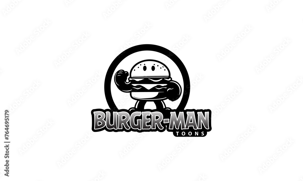 burger-Man mascot character logo,burger black and white mascot logo