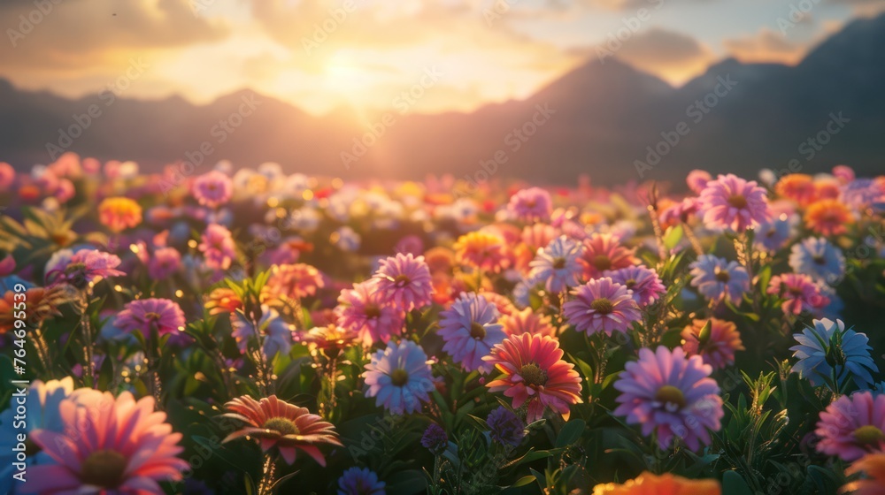 Obraz premium Flower field, morning sun warm light, nature landscape