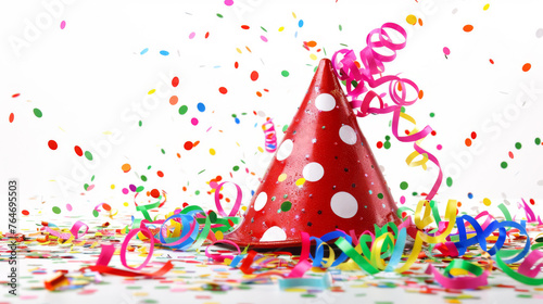 A red party hat with polka dots is surrounded by colorful confetti and streamers.