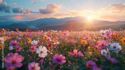 Flower field, morning sun warm light, nature landscape © Attasit