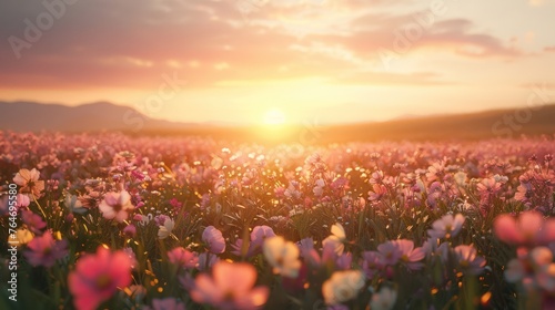 Flower field, morning sun warm light, nature landscape, mountain is background © Attasit