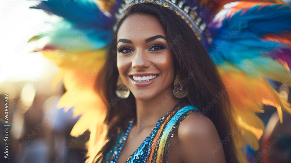 Portrait of beautiful woman at cultural festivity colorful street parade with traditional dancers and musicians.
