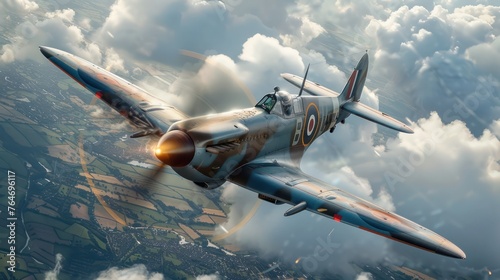 World War II fighter plane is flying and shoots an enemy plane in midair