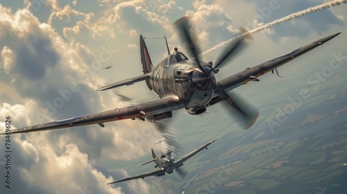 World War II fighter plane is flying and shoots an enemy plane in midair