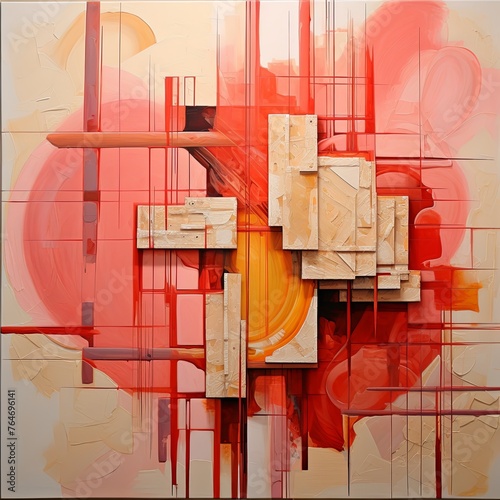 Pink and red painting  in the style of orange and beige  luxurious geometry  puzzle-like pieces