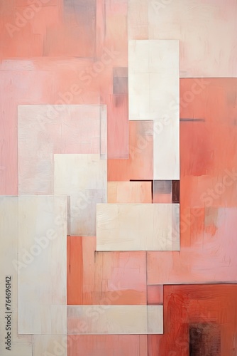 Pink and red painting, in the style of orange and beige, luxurious geometry, puzzle-like pieces