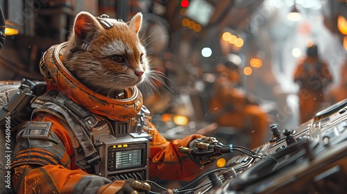 A side shot of a ferret mechanic, deeply focused on connecting delicate wires inside a spaceship's control panel, the cafe's plush seating and ambient lighting 