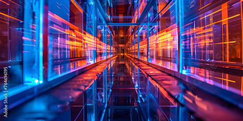 Data center room neon lights, Concept of technology future network cloud storage information , Virtual data center digital streams futuristic