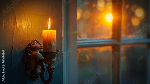 A candle is lit in a window, casting a warm glow on the room