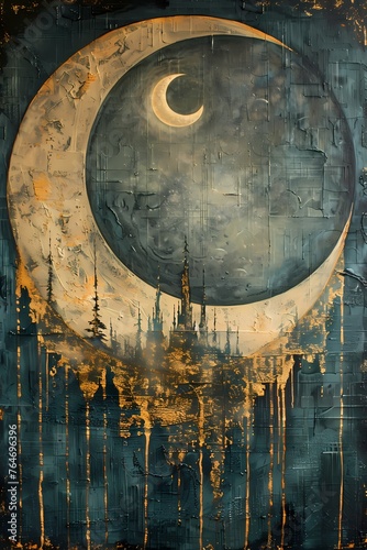 Heraldic moon oil painting in vintage classic style. 